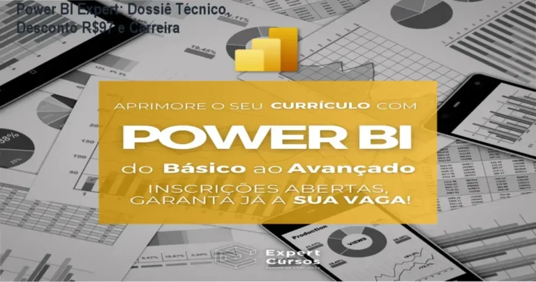 Imagem promocional do Curso Power BI Expert com desconto de R$97 e bônus de apostila e dashboards