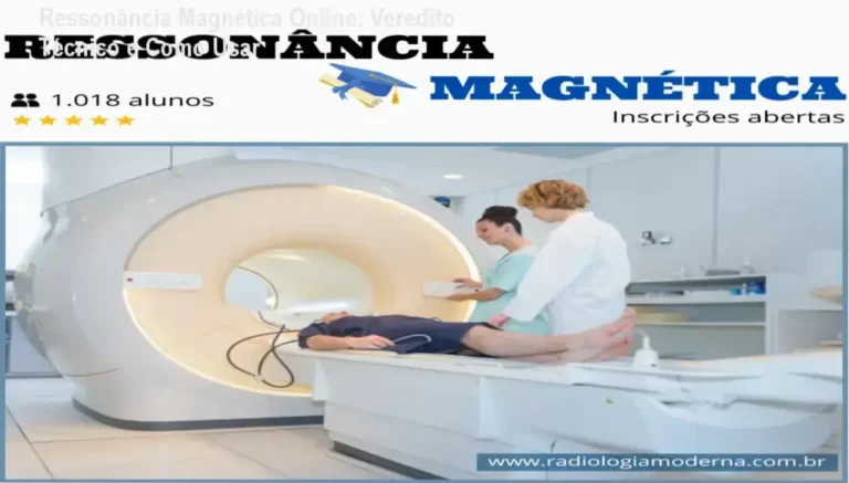 Tela do curso online de Ressonância Magnética mostrando módulos de física e protocolos de posicionamento