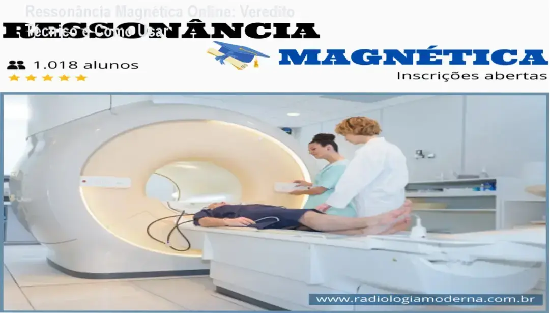 Tela do curso online de Ressonância Magnética mostrando módulos de física e protocolos de posicionamento