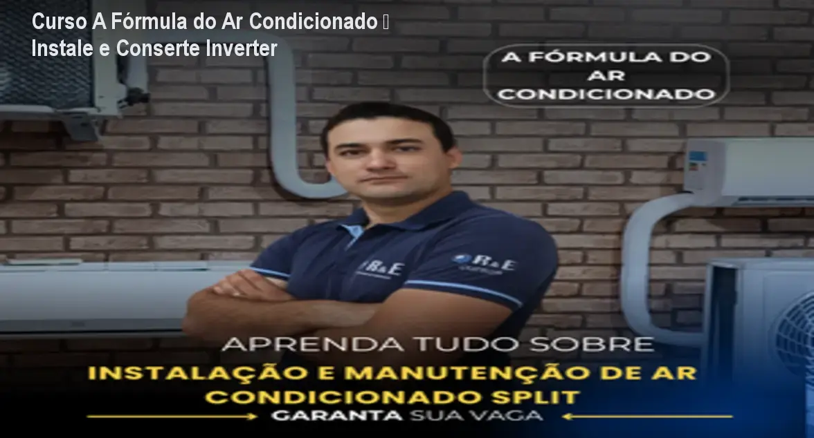 Rodrigo Ferreira apresentando o curso A Fórmula do Ar Condicionado, mostrando módulos de instalação e manutenção