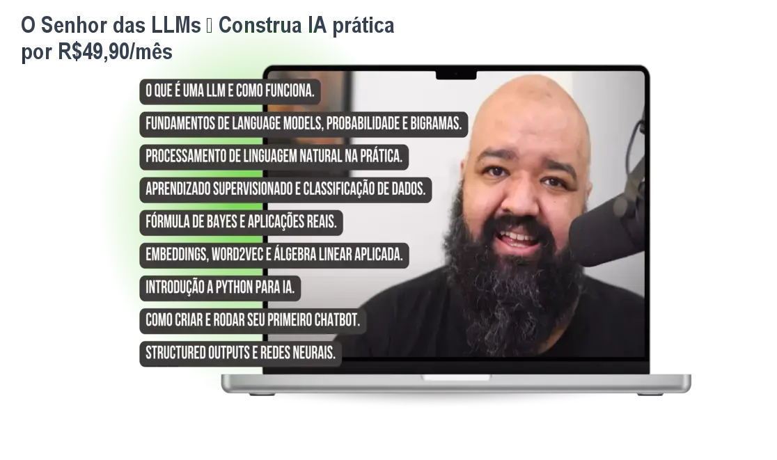 Capa do curso O Senhor das LLMs de Caio Gomes mostrando aprendizado prático de IA