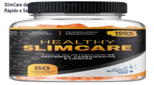 Frasco de SlimCare da Healthy Nutrition Care ao lado de uma balança mostrando perda de peso