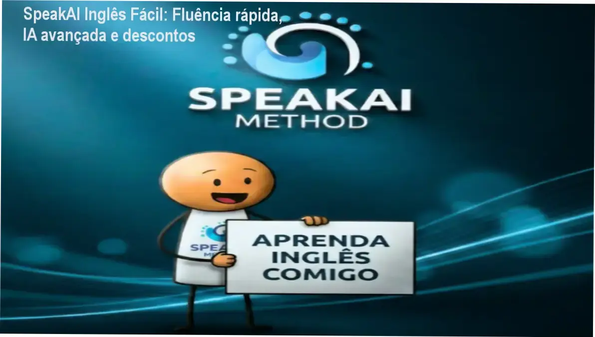 Interface do SpeakAI Inglês Fácil mostrando prática de pronúncia com IA e selo de desconto