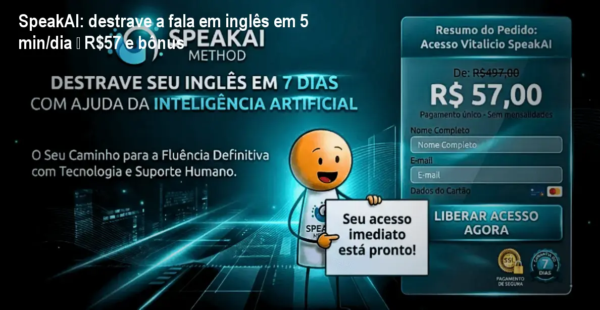 Curso SpeakAI Método Inglês Fácil mostrando como destravar a fala em inglês com frases reais e bônus de e‑book de 500 frases