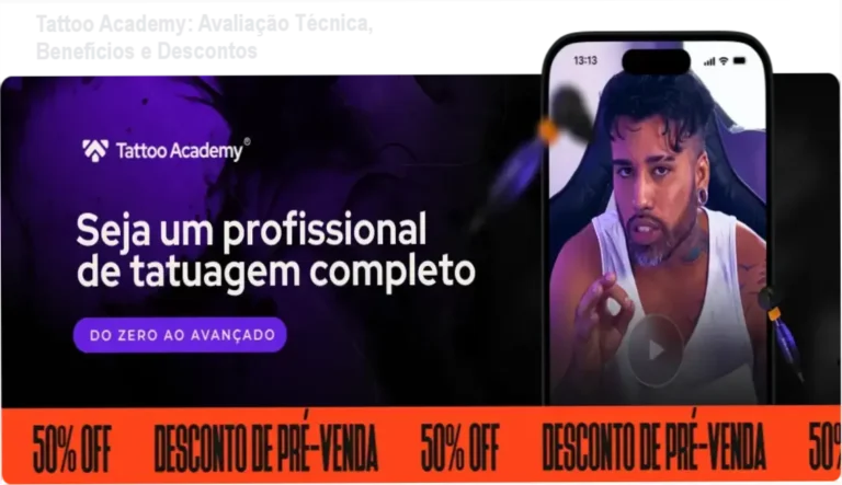 Imagem promocional do curso Tattoo Academy destacando descontos e benefícios para futuros tatuadores.