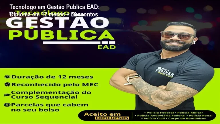 Imagem promocional do Tecnólogo em Gestão Pública EAD com destaque para descontos e acesso rápido ao diploma.