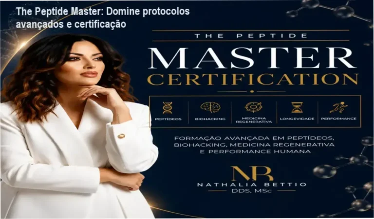Imagem promocional do The Peptide Master Certification com destaque para certificação internacional e bônus exclusivos