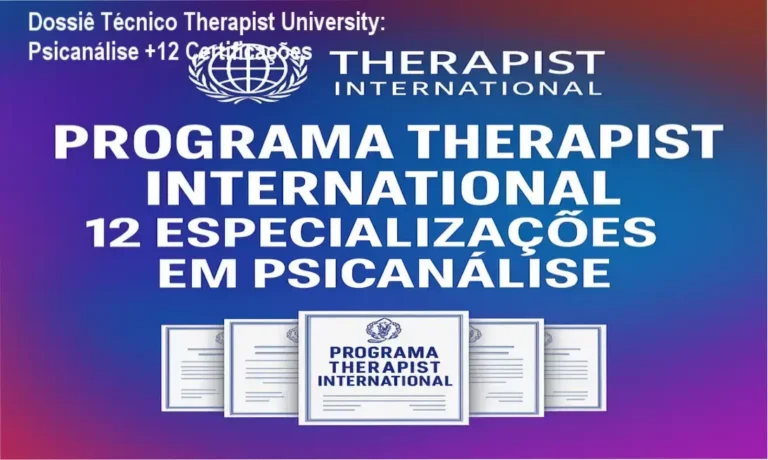 Imagem promocional da Therapist University mostrando 12 certificações em psicanálise e oferta de cupom