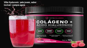 Vitta Hyaluronic pó de colágeno com ácido hialurônico sendo dissolvido em água, mostrando pele hidratada