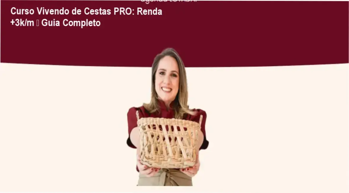 Imagem promocional do Curso Vivendo de Cestas PRO mostrando cestas artesanais e bônus exclusivos