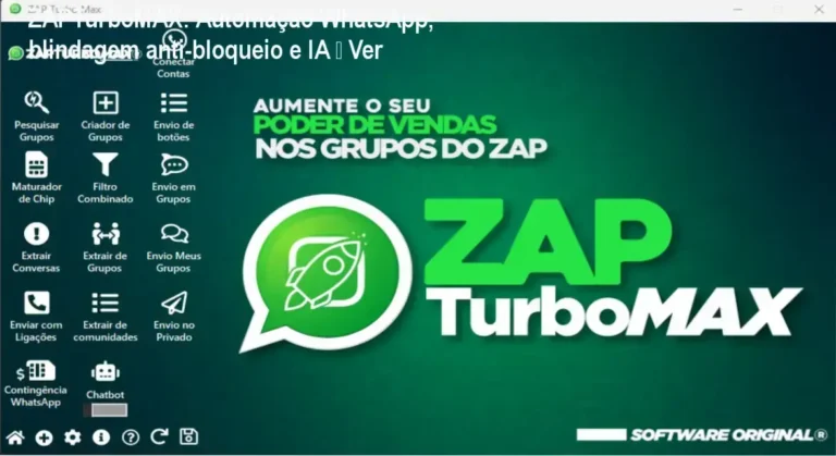 ZAPTurboMAX: Automação WhatsApp, blindagem anti‑bloqueio e IA – Ver 6 Captura de tela do painel ZAPTurboMAX mostrando automação de mensagens e proteção anti‑bloqueio