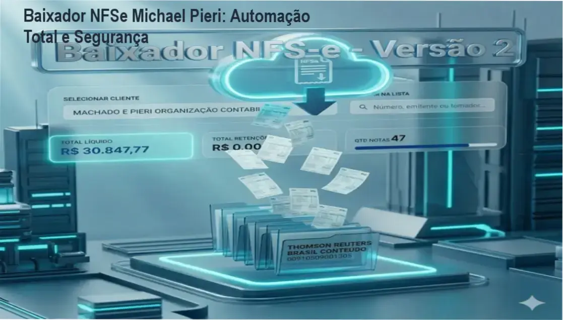 Captura de tela do Baixador NFSe mostrando download automático de notas fiscais com selo de segurança