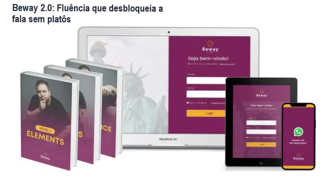 Beway 2.0: Fluência que desbloqueia a fala sem platôs 1 Curso Beway 2.0 com interface interativa em plataforma educacional.