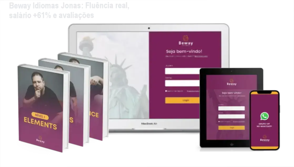 Curso Beway Idiomas Jonas em tela de computador mostrando método de fluência e oferta de cupom