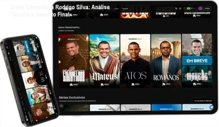 Tela do app da Bíblia Comentada de Rodrigo Silva mostrando recursos de IA e estudos acadêmicos