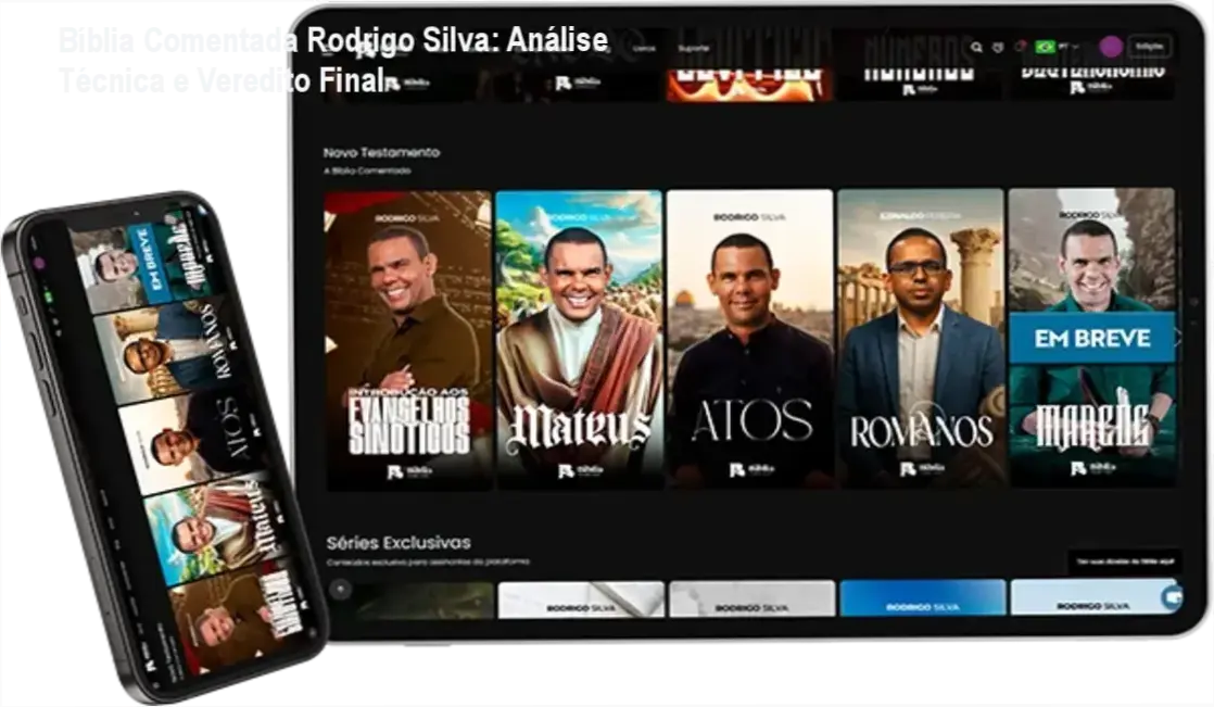 Tela do app da Bíblia Comentada de Rodrigo Silva mostrando recursos de IA e estudos acadêmicos