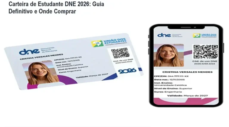 Carteira de Estudante DNE 2026 em destaque, mostrando benefícios de descontos e onde adquirir a oferta oficial