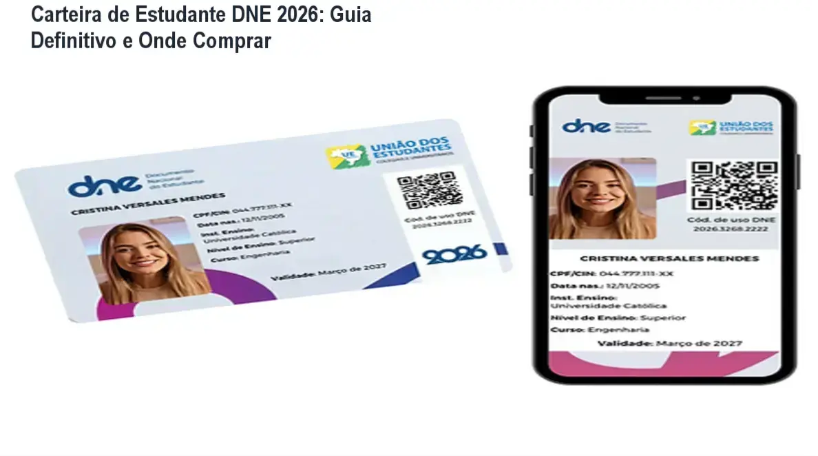 Carteira de Estudante DNE 2026 em destaque, mostrando benefícios de descontos e onde adquirir a oferta oficial