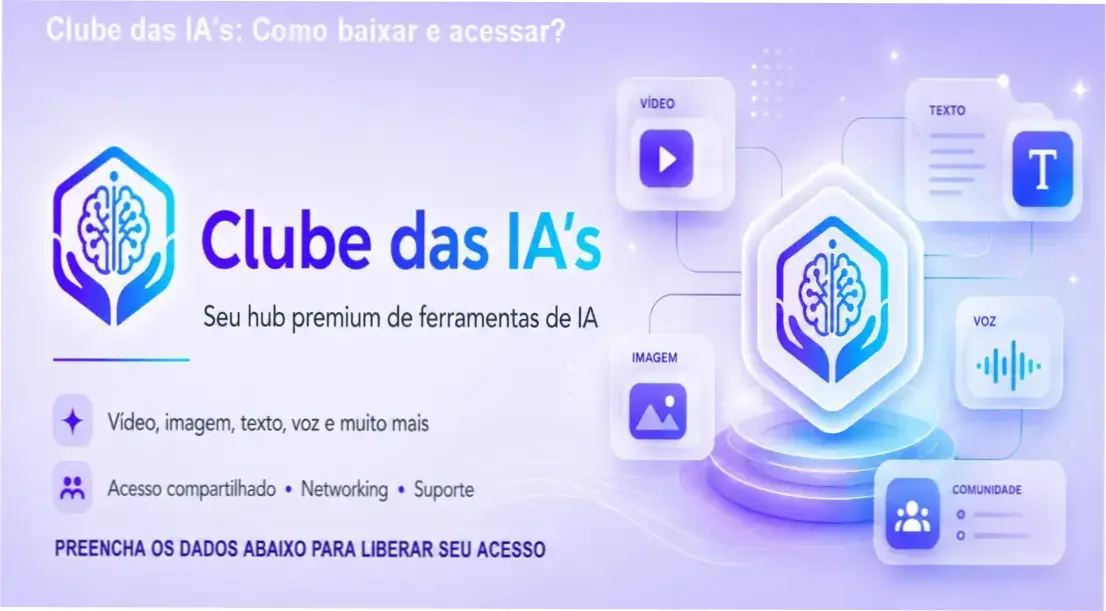 Ilustração mostrando o hub central do Clube das IA's com ícones de ferramentas de vídeo, imagem, texto e áudio