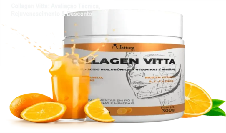 Frasco de Collagen Vitta ao lado de cupons de desconto, representando benefícios de pele e cabelos