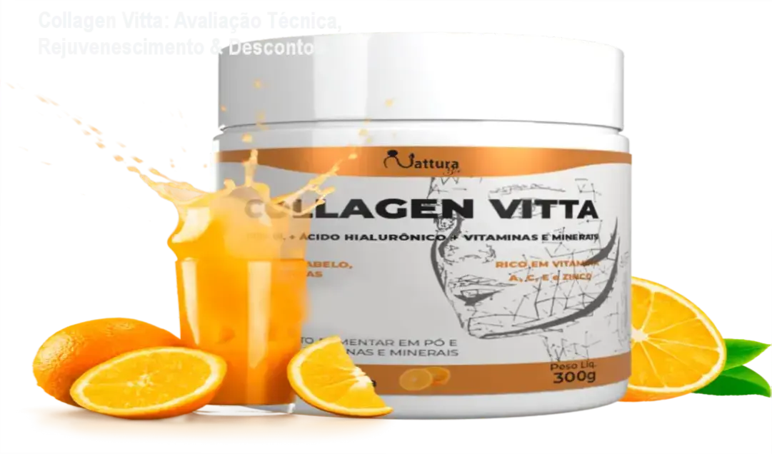 Frasco de Collagen Vitta ao lado de cupons de desconto, representando benefícios de pele e cabelos