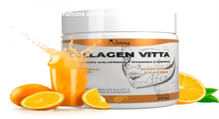Frasco de Collagen Vitta ao lado de cupons de desconto e destaque dos benefícios de pele e articulações