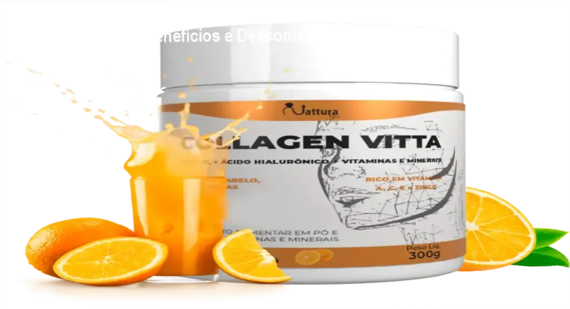 Collagen Vitta: Guia Técnico de Funcionamento, Benefícios e Descontos 1 Frasco de Collagen Vitta ao lado de cupons de desconto e destaque dos benefícios de pele e articulações