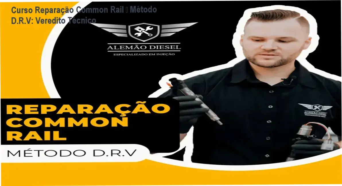 Imagem promocional do Curso de Reparação Common Rail – Método D.R.V mostrando ferramentas e certificado