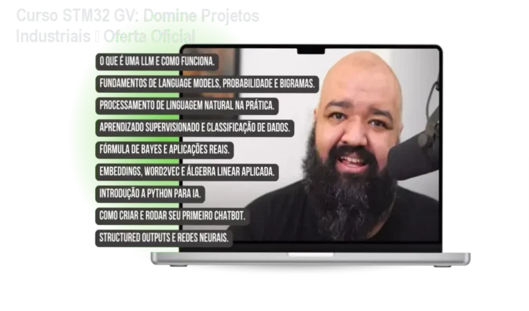 Banner promocional do Curso STM32 de Gabriel Vigiano mostrando módulos e oferta oficial