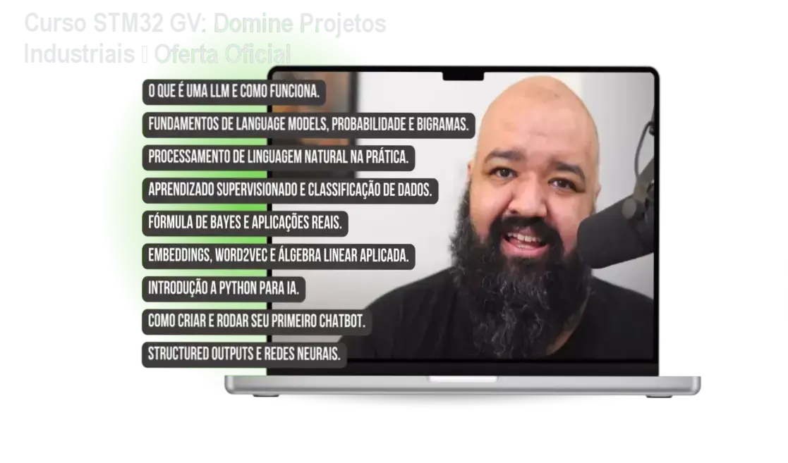 Banner promocional do Curso STM32 de Gabriel Vigiano mostrando módulos e oferta oficial