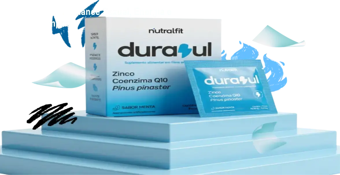 Durazul: Performance Sexual, Energia e Onde Comprar 1 Adesivo sublingual Durazul exibindo embalagem e selo de promoção oficial