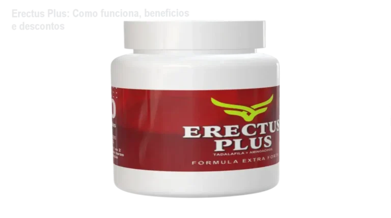 Frasco de Erectus Plus ao lado de cupom de desconto e destaque de benefícios masculinos