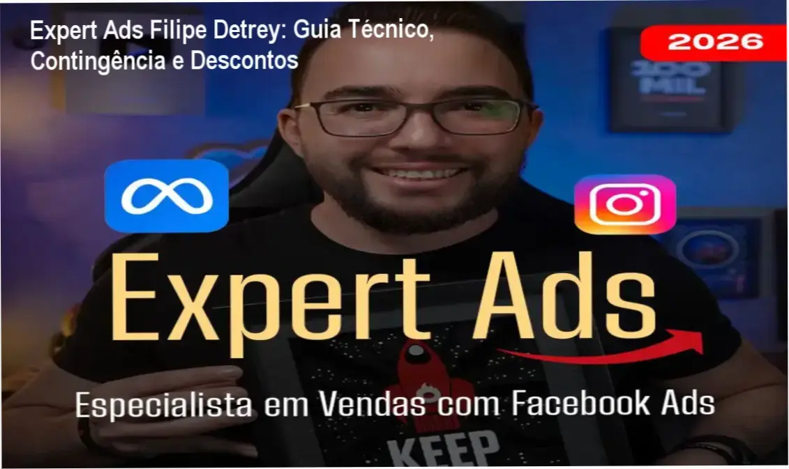 Expert Ads Filipe Detrey: Guia Técnico, Contingência e Descontos 1 Imagem promocional do curso Expert Ads 2026 destacando descontos e benefícios para anúncios no Meta