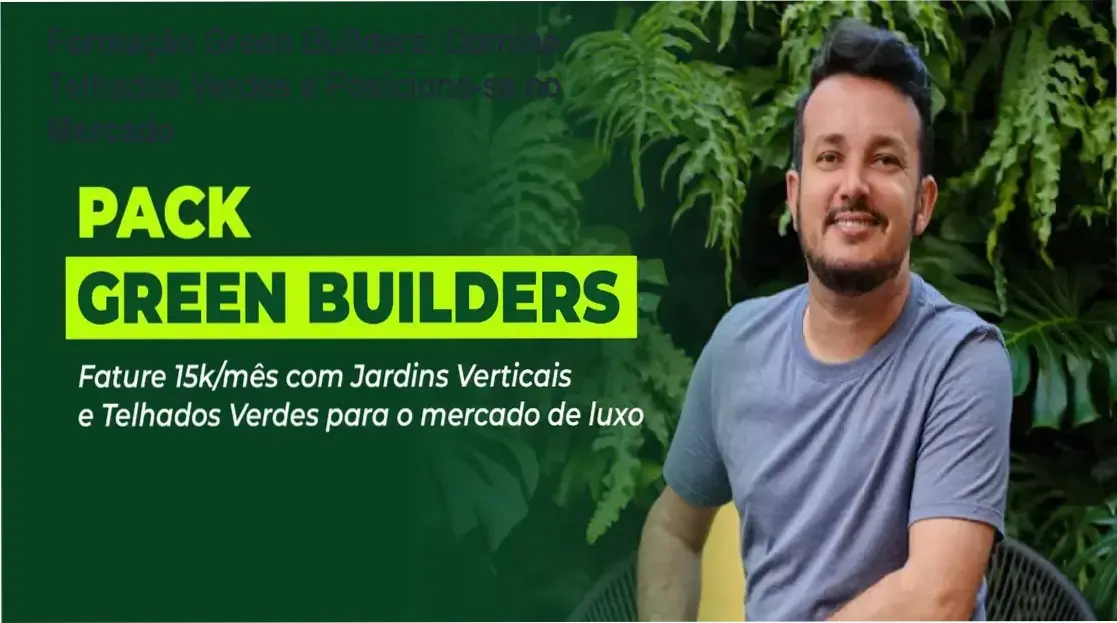Interface do curso Green Builders com módulos de telhados verdes e posicionamento profissional