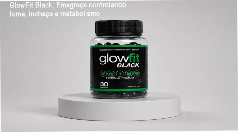 Frasco de GlowFit Black ao lado de cápsulas, destaque para oferta de cupom