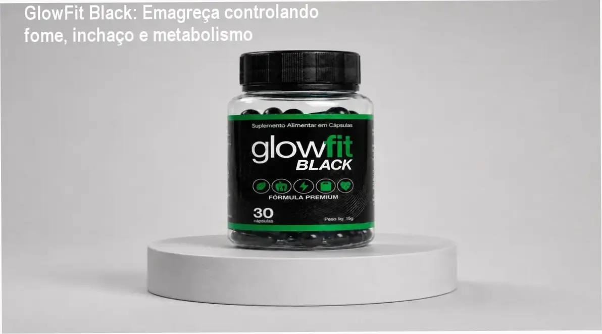Frasco de GlowFit Black ao lado de cápsulas, destaque para oferta de cupom