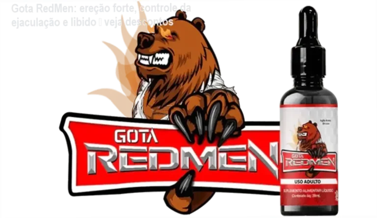 Frasco de Gota RedMen ao lado de cupom de desconto, representando oferta de suplemento sexual masculino