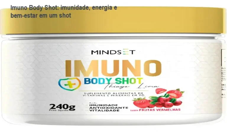 Imuno Body Shot Matinal vegano em pote colorido, destaque para benefícios de imunidade e energia