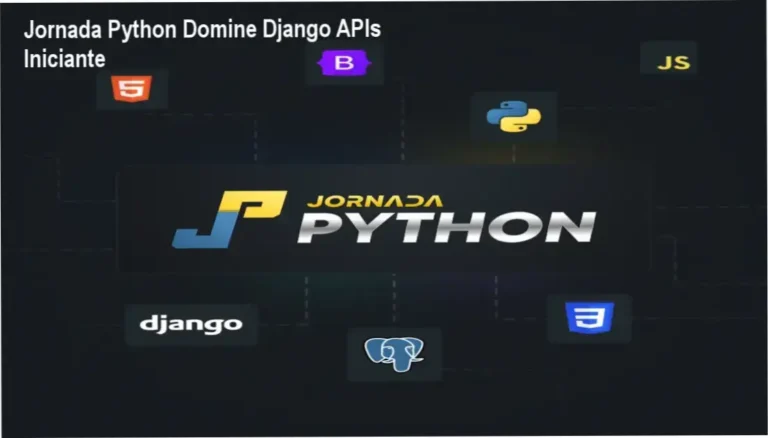 Imagem ilustrando o curso Jornada Python com código em Python e interface Django