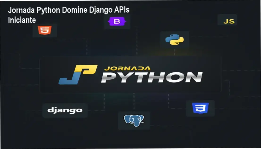 Imagem ilustrando o curso Jornada Python com código em Python e interface Django