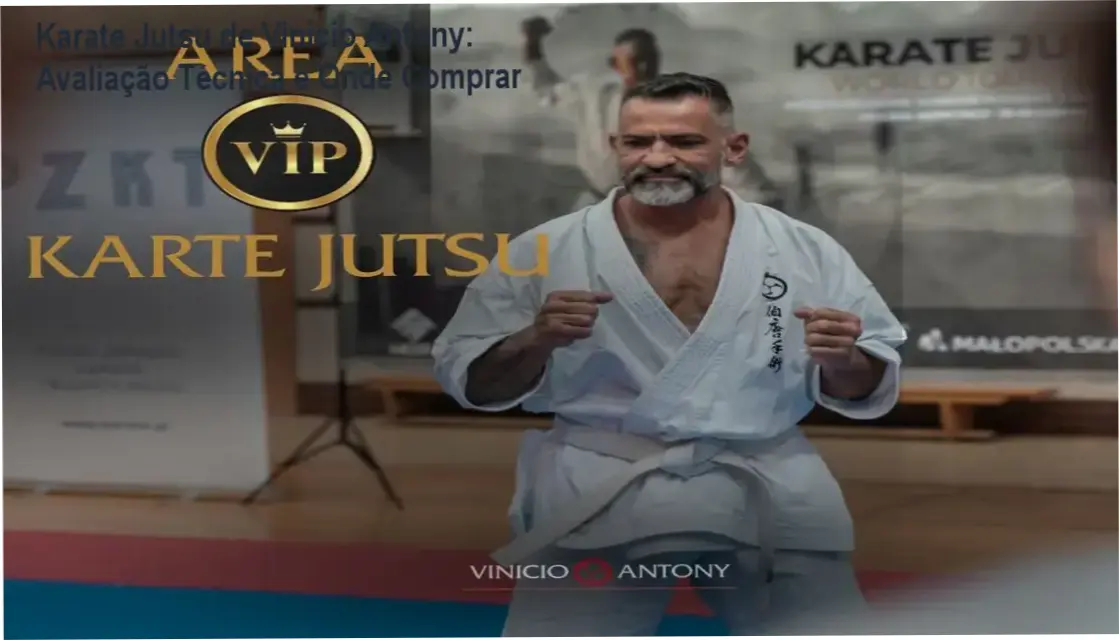 Banner promocional do curso Karate Jutsu de Vinicio Antony com destaque para certificado IAKJ e metodologia de combate real