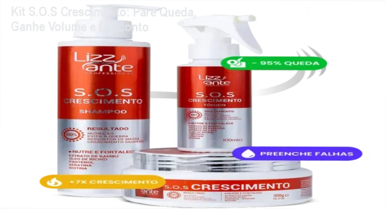 Kit S.O.S Crescimento: Pare Queda, Ganhe Volume e Desconto 6 Kit S.O.S Crescimento com destaque de cupom de desconto, mostrando fios volumosos e couro cabeludo saudável