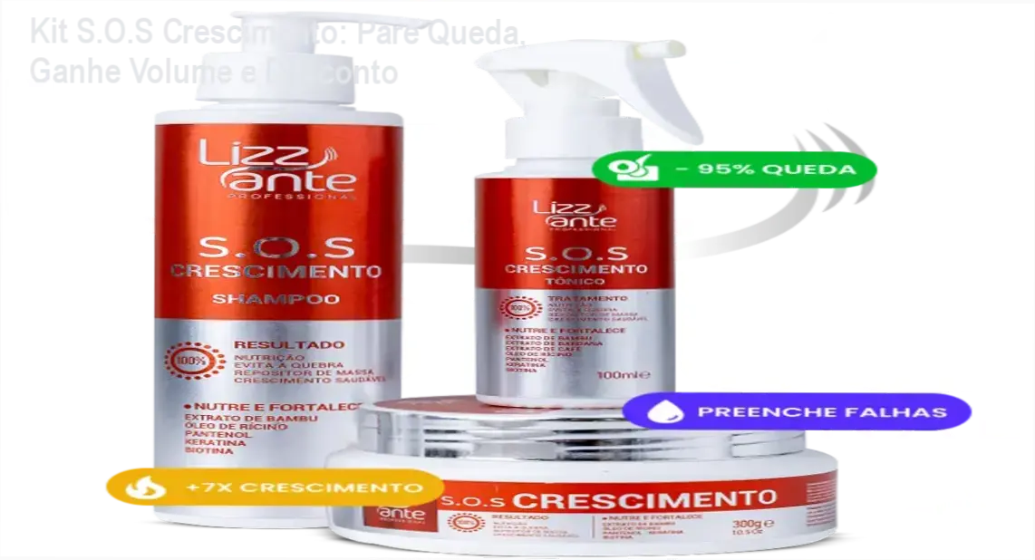 Kit S.O.S Crescimento: Pare Queda, Ganhe Volume e Desconto 1 Kit S.O.S Crescimento com destaque de cupom de desconto, mostrando fios volumosos e couro cabeludo saudável