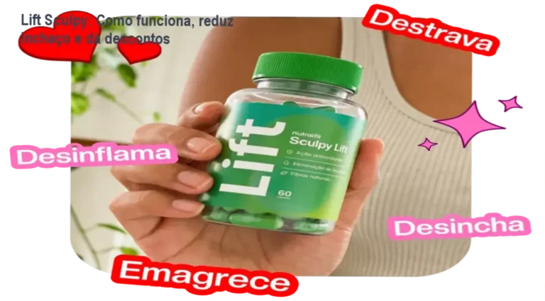 Frasco de Lift Sculpy ao lado de cupom de desconto, ilustrando redução de inchaço e controle de apetite