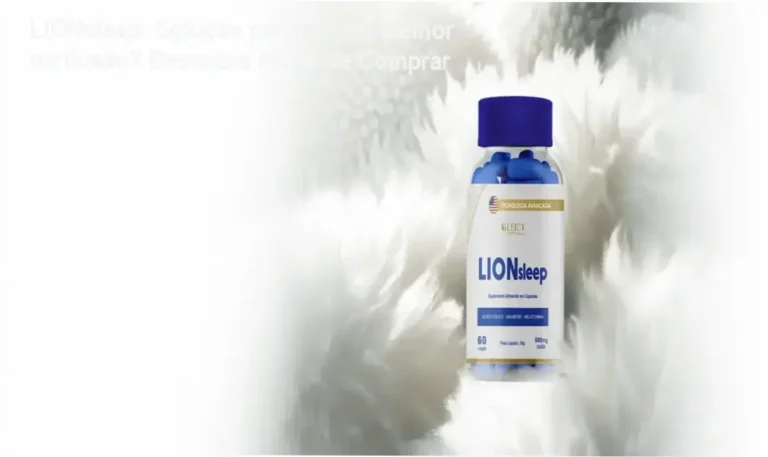 Garrafa do suplemento LIONsleep com destaque para benefícios como regulação do ciclo circadiano e relaxamento noturno