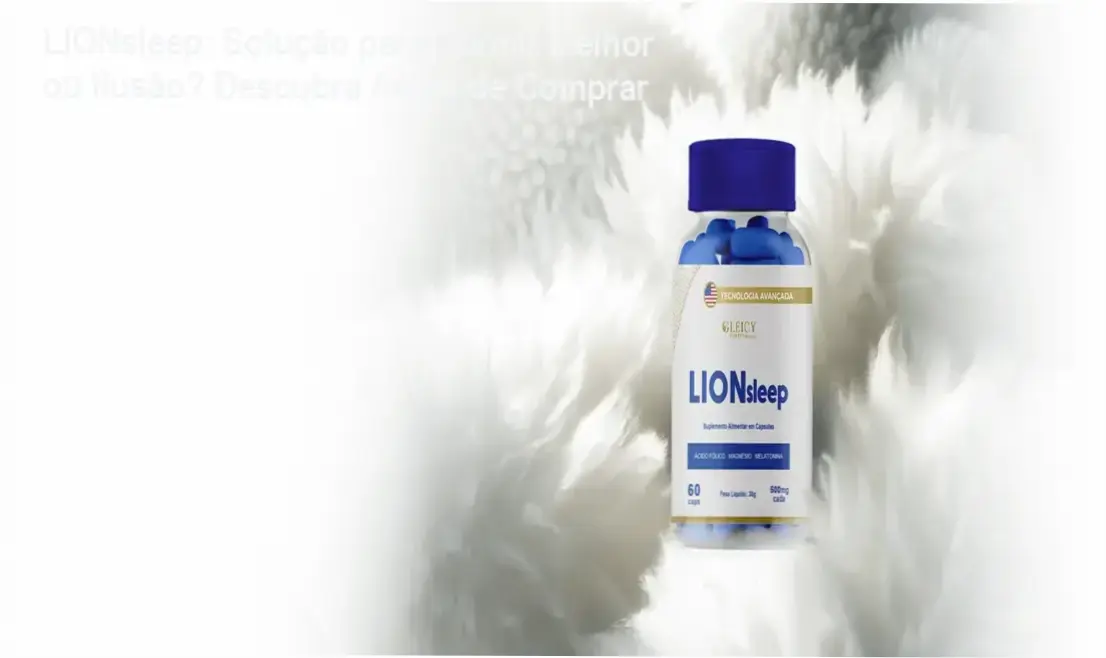 Garrafa do suplemento LIONsleep com destaque para benefícios como regulação do ciclo circadiano e relaxamento noturno