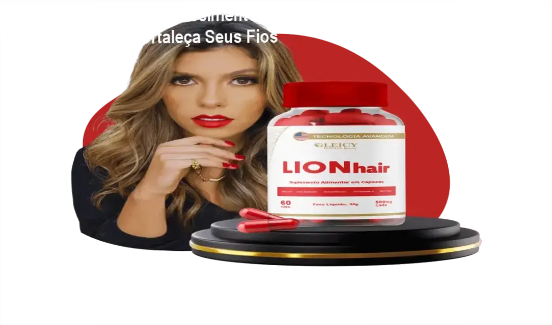 Cápsulas do LIONhair prometendo crescimento acelerado e fortalecimento dos fios, ideal para quem busca nutrição capilar natural