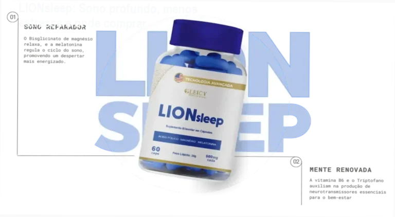 LIONsleep: Sono profundo, menos estresse e onde comprar 5 Frasco de LIONsleep ao lado de um botão de compra, destacando promoção