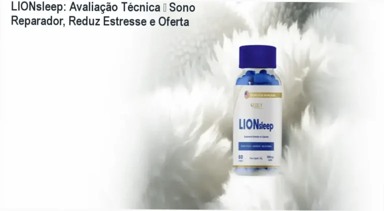 Frasco do suplemento LIONsleep da marca LIONfit sobre superfície clean com destaque para selo de qualidade e acesso ao site oficial