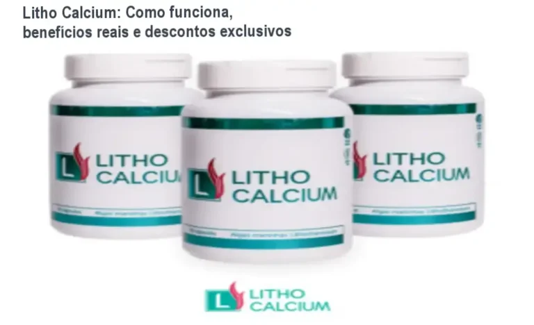 Frasco de Litho Calcium ao lado de cupons de desconto e cápsulas